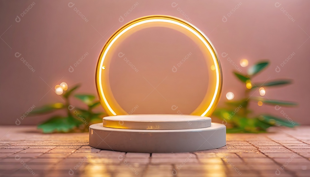 Conceito de dia dos namorados. Pódio de pedestal de cilindro rosa e 3D realista com lâmpada de néon brilhante. Uma cena mínima para a vitrine do palco dos produtos.