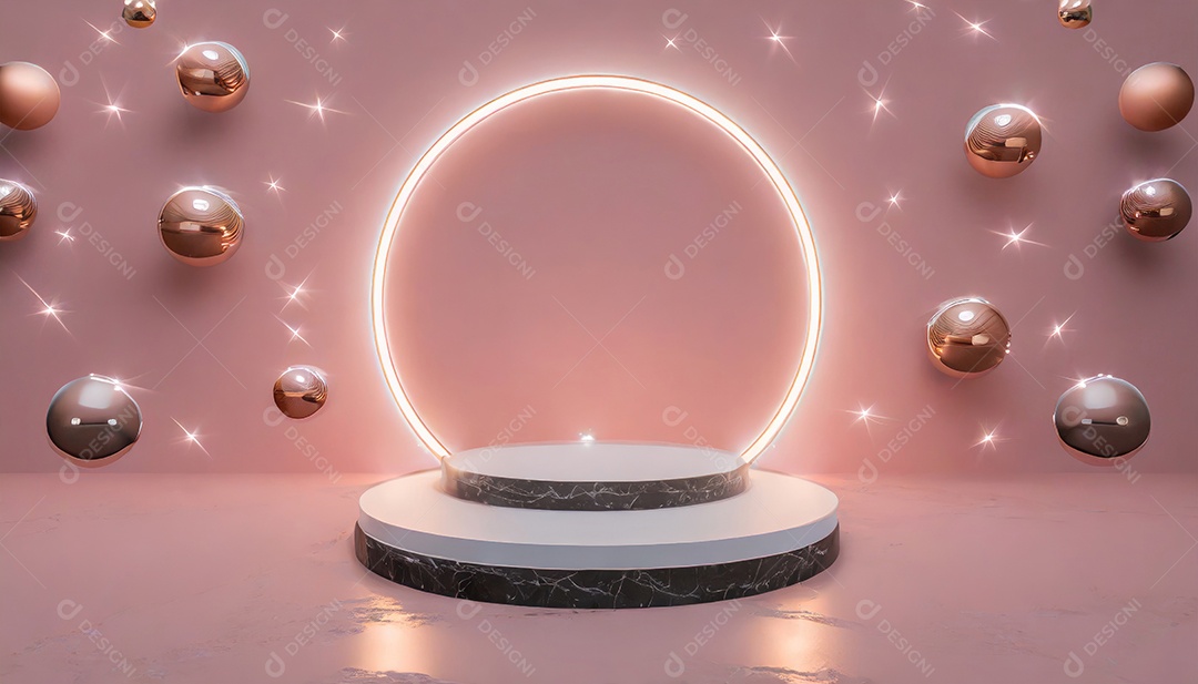 Conceito de dia dos namorados. Pódio de pedestal de cilindro rosa e 3D realista com lâmpada de néon brilhante. Uma cena mínima para a vitrine do palco dos produtos.