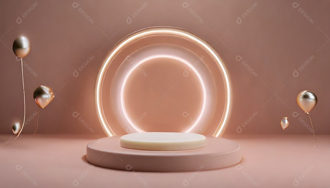 Conceito de dia dos namorados. Pódio de pedestal de cilindro rosa e 3D realista com lâmpada de néon brilhante. Uma cena mínima para a vitrine do palco dos produtos.