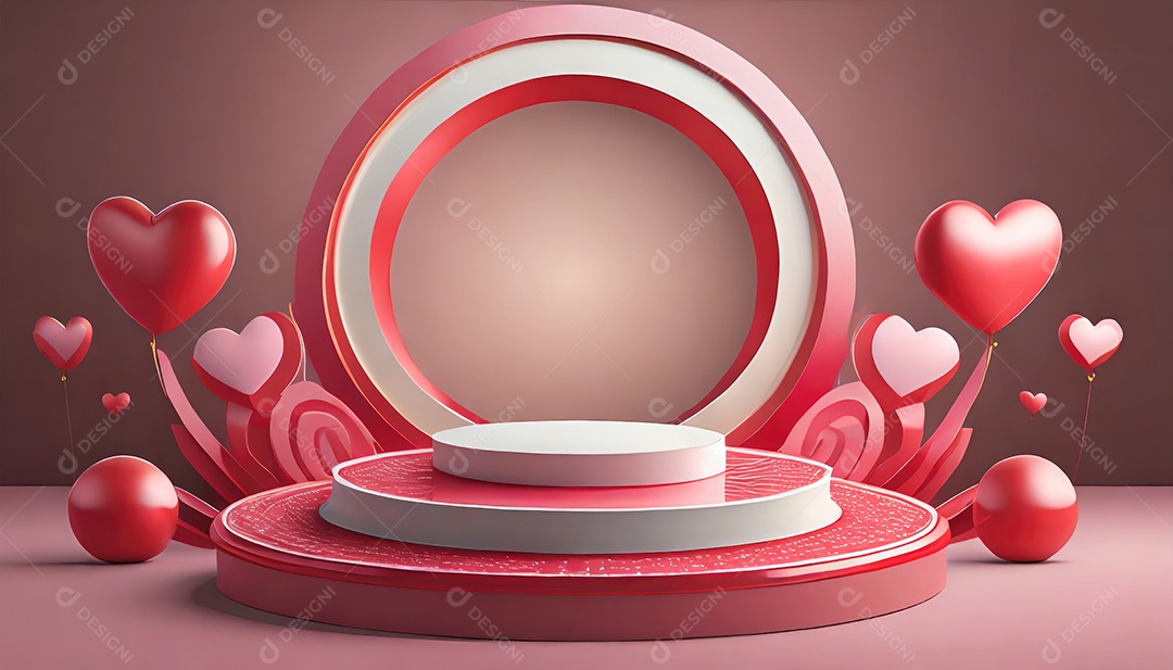 Conceito de dia dos namorados. Pódio de pedestal de cilindro rosa e 3D realista com lâmpada de néon brilhante. Uma cena mínima para a vitrine do palco dos produtos.