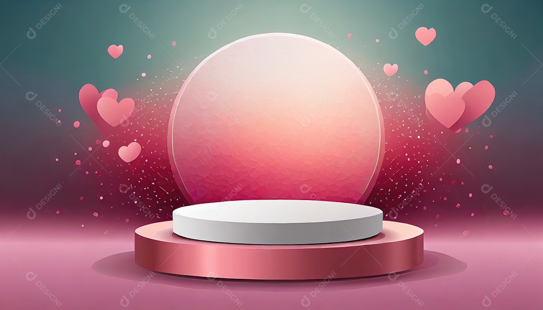 Conceito de dia dos namorados. Pódio de pedestal de cilindro rosa e 3D realista com lâmpada de néon brilhante. Uma cena mínima para a vitrine do palco dos produtos.