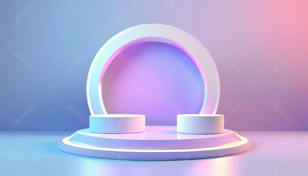 Conceito de dia dos namorados. Pódio de pedestal de cilindro rosa e 3D realista com lâmpada de néon brilhante. Uma cena mínima para a vitrine do palco dos produtos.