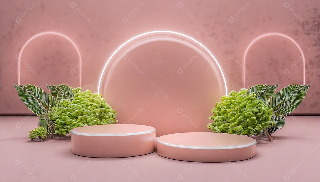 Conceito de dia dos namorados. Pódio de pedestal de cilindro rosa e 3D realista com lâmpada de néon brilhante. Uma cena mínima para a vitrine do palco dos produtos.