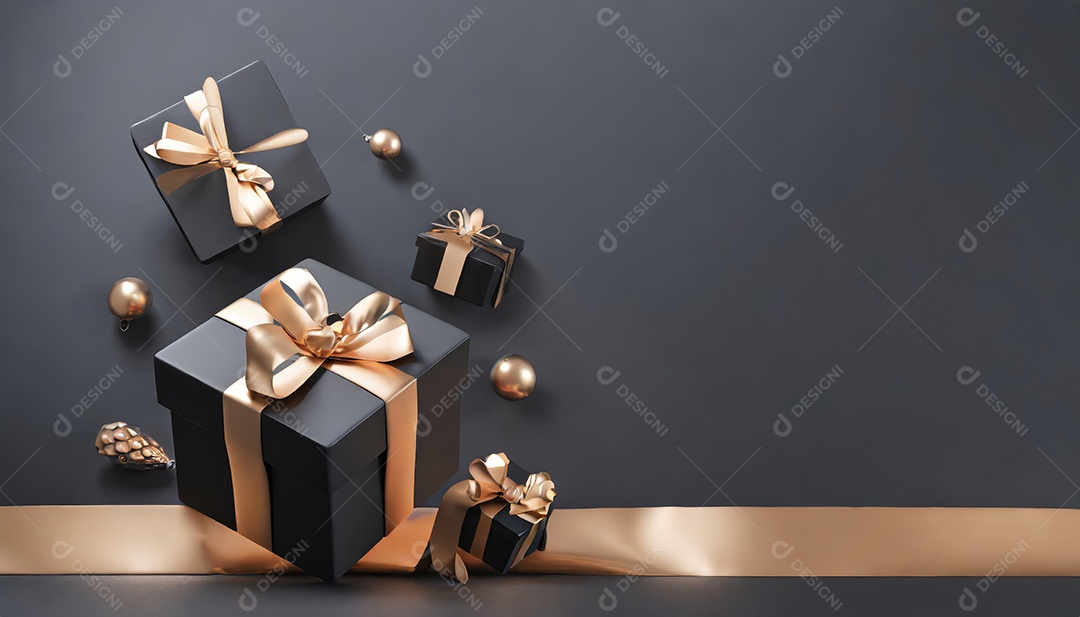 Conceito de Black Friday Caixas de presente pretas em fundo escuro