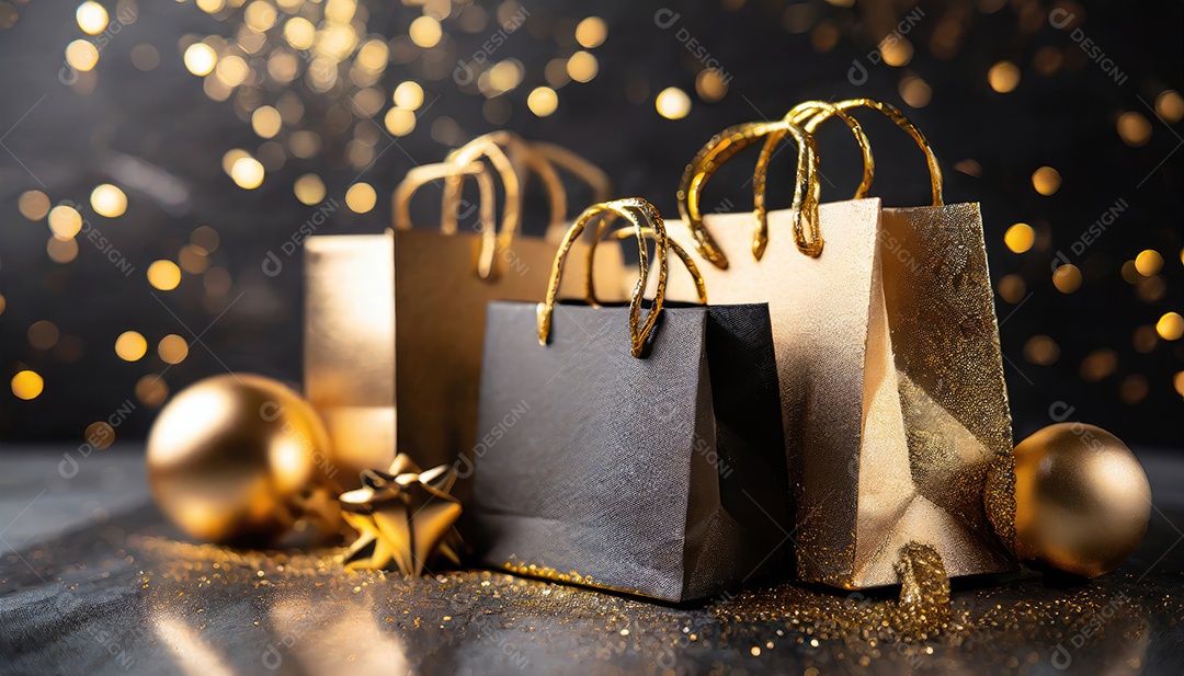 Conceito de Black Friday composição criativa em preto e dourado com sacolas de compras