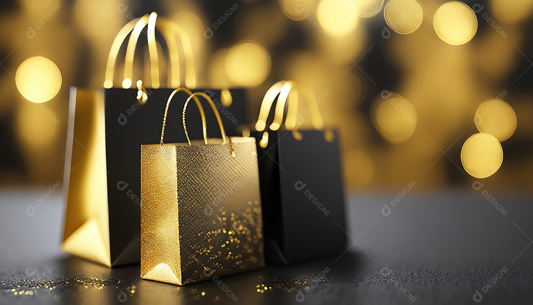 Conceito de Black Friday composição criativa em preto e dourado com sacolas de compras
