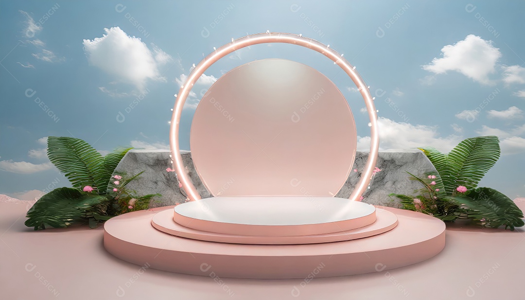 Conceito de dia dos namorados. Pódio de produtos 3D com néon rosa e fundo de plantas.