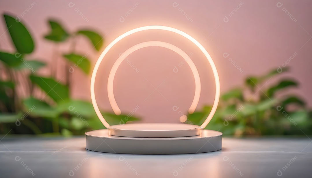 Conceito de dia dos namorados. Pódio de produtos 3D com néon rosa e fundo de plantas.