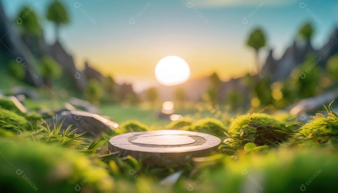 Pedra de pódio de produtos 3D com fundo de paisagem, cena mínima para colocação de produtos, pedestal,