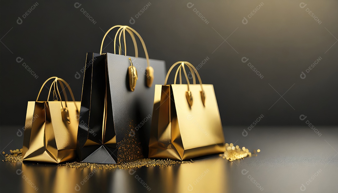 Conceito de Black Friday composição criativa em preto e dourado com sacolas de compras