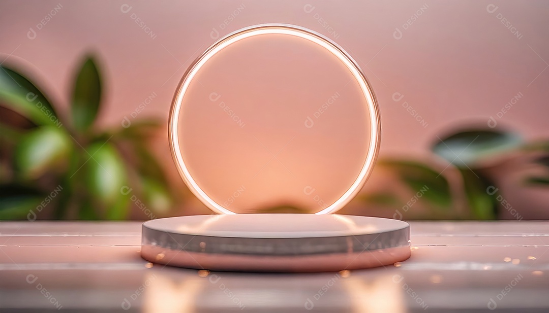 Conceito de dia dos namorados. Pódio de pedestal de cilindro rosa e 3D realista com lâmpada de néon brilhante. Uma cena mínima para a vitrine do palco dos produtos.