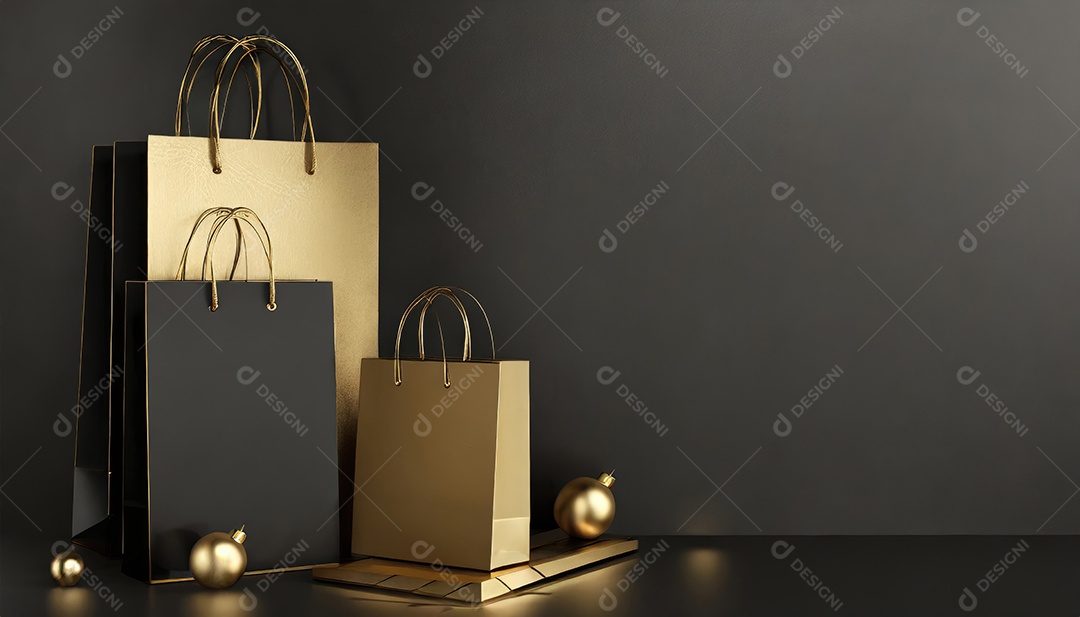 Conceito de Black Friday composição criativa em preto e dourado com sacolas de compras