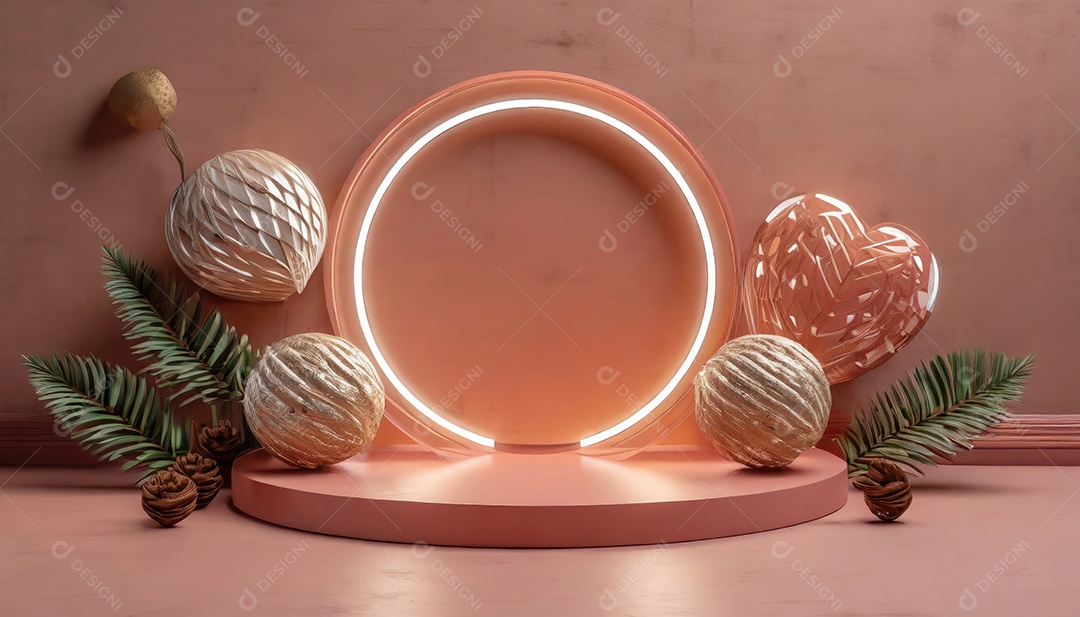 Conceito de dia dos namorados. Pódio de pedestal de cilindro rosa e 3D realista com lâmpada de néon brilhante. Uma cena mínima para a vitrine do palco dos produtos.