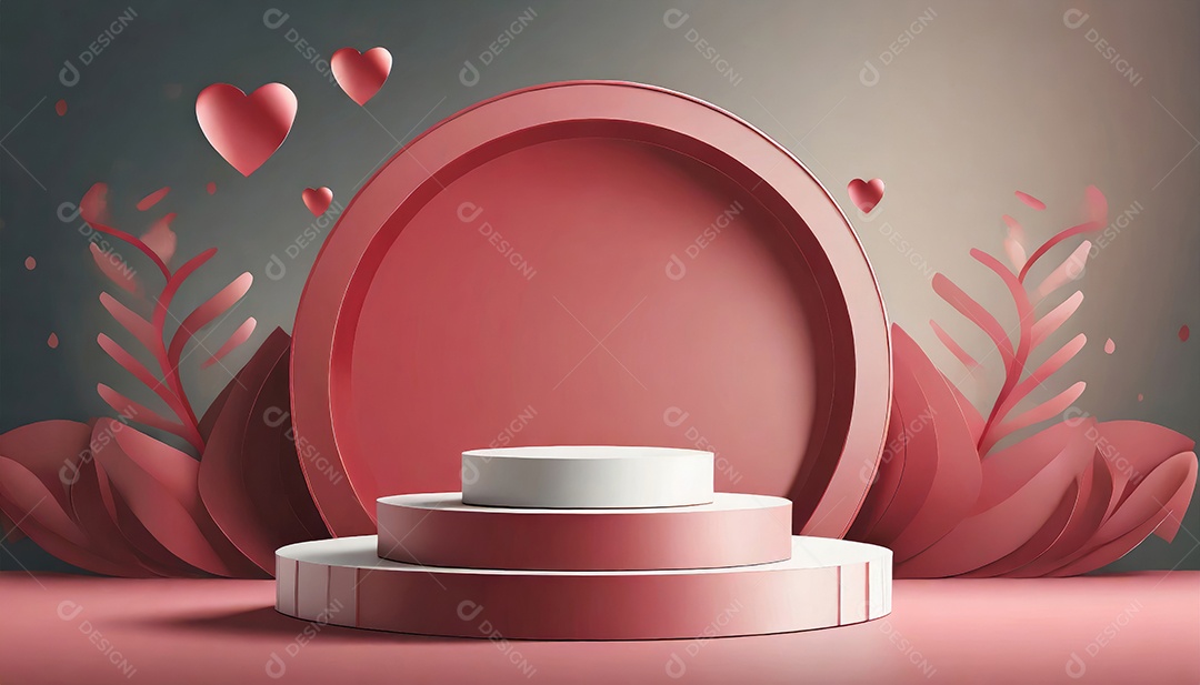 Conceito de dia dos namorados. Pódio de pedestal de cilindro rosa e 3D realista com lâmpada de néon brilhante. Uma cena mínima para a vitrine do palco dos produtos.