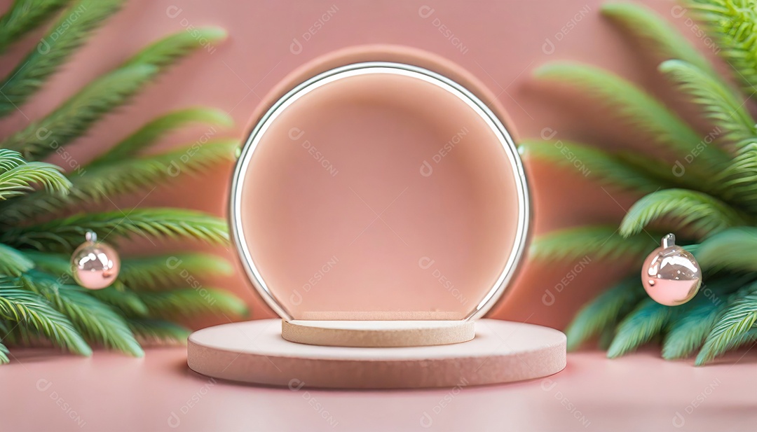 Conceito de dia dos namorados. Pódio de pedestal de cilindro rosa e 3D realista com lâmpada de néon brilhante. Uma cena mínima para a vitrine do palco dos produtos.