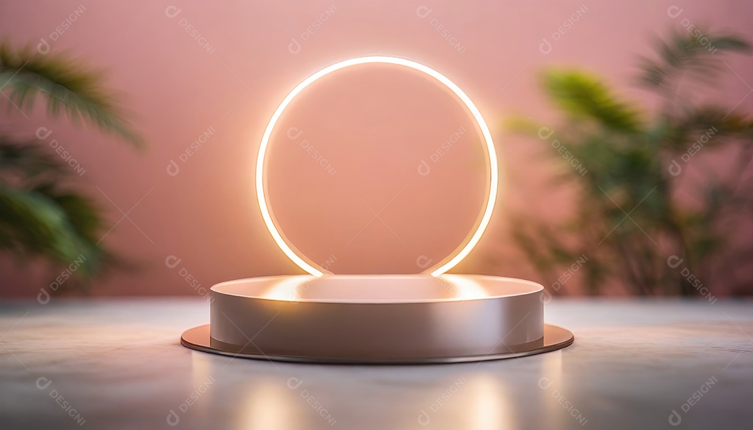 Conceito de dia dos namorados. Pódio de pedestal de cilindro rosa e 3D realista com lâmpada de néon brilhante. Uma cena mínima para a vitrine do palco dos produtos.