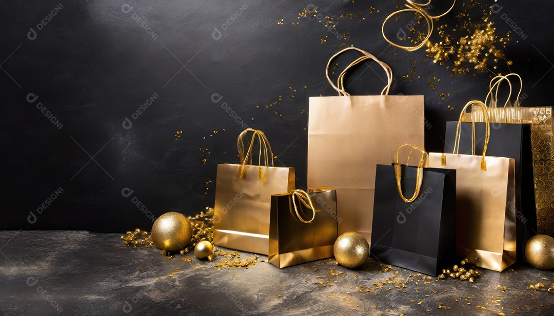 Conceito de Black Friday composição criativa em preto e dourado com sacolas de compras