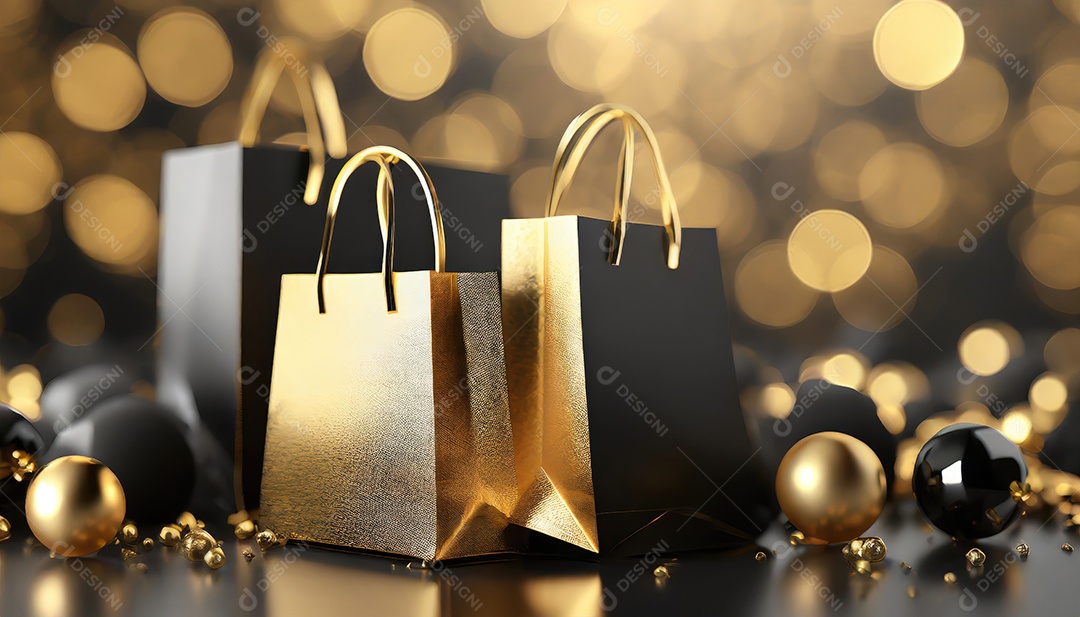 Conceito de Black Friday composição criativa em preto e dourado com sacolas de compras