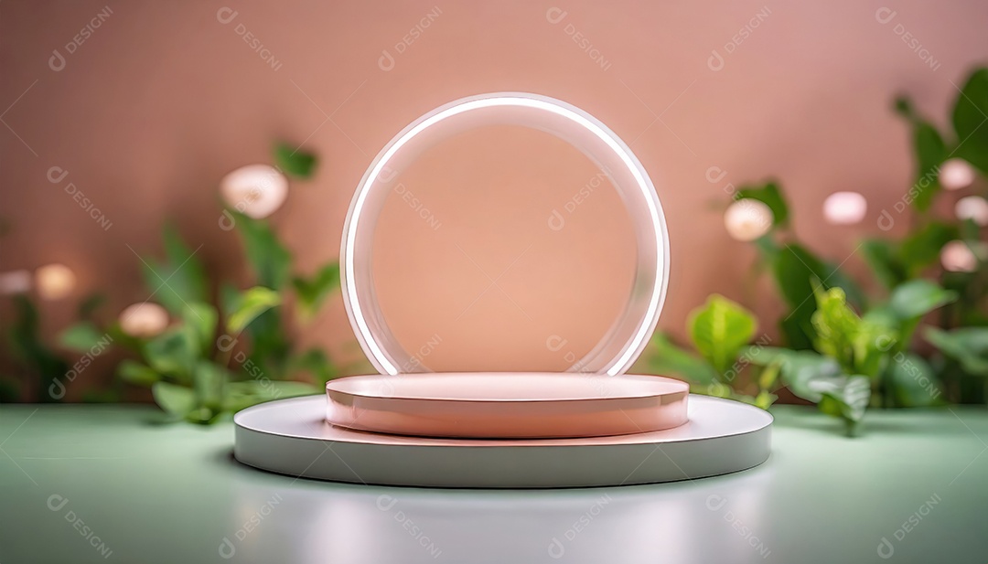 Conceito de dia dos namorados. Pódio de pedestal de cilindro rosa e 3D realista com lâmpada de néon brilhante. Uma cena mínima para a vitrine do palco dos produtos.