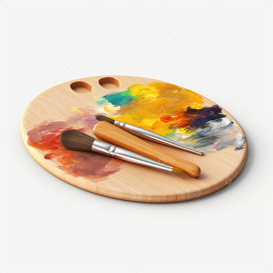 Paleta de arte em madeira com tinta e pincel