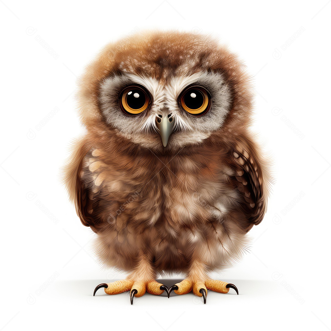 Coruja bebê fofa e realista sobre fundo branco