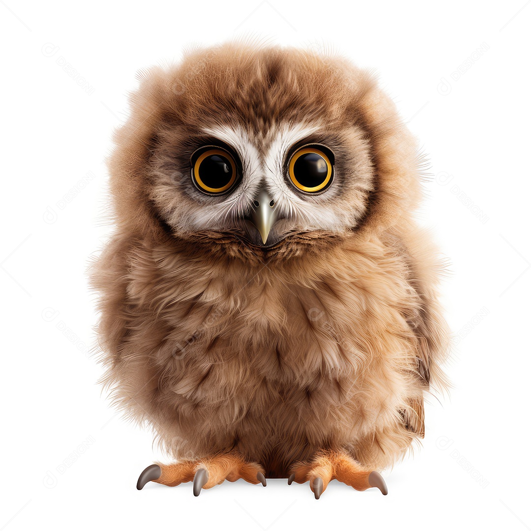Coruja bebê fofa e realista sobre fundo branco