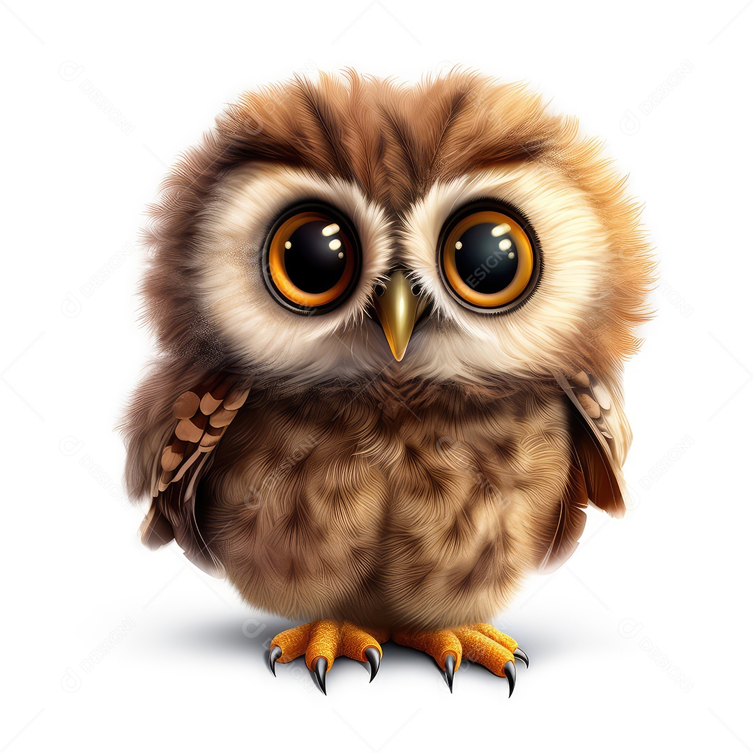 Coruja bebê fofa e realista sobre fundo branco