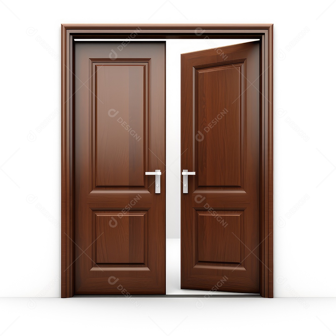 Porta de madeira aberta sobre fundo branco