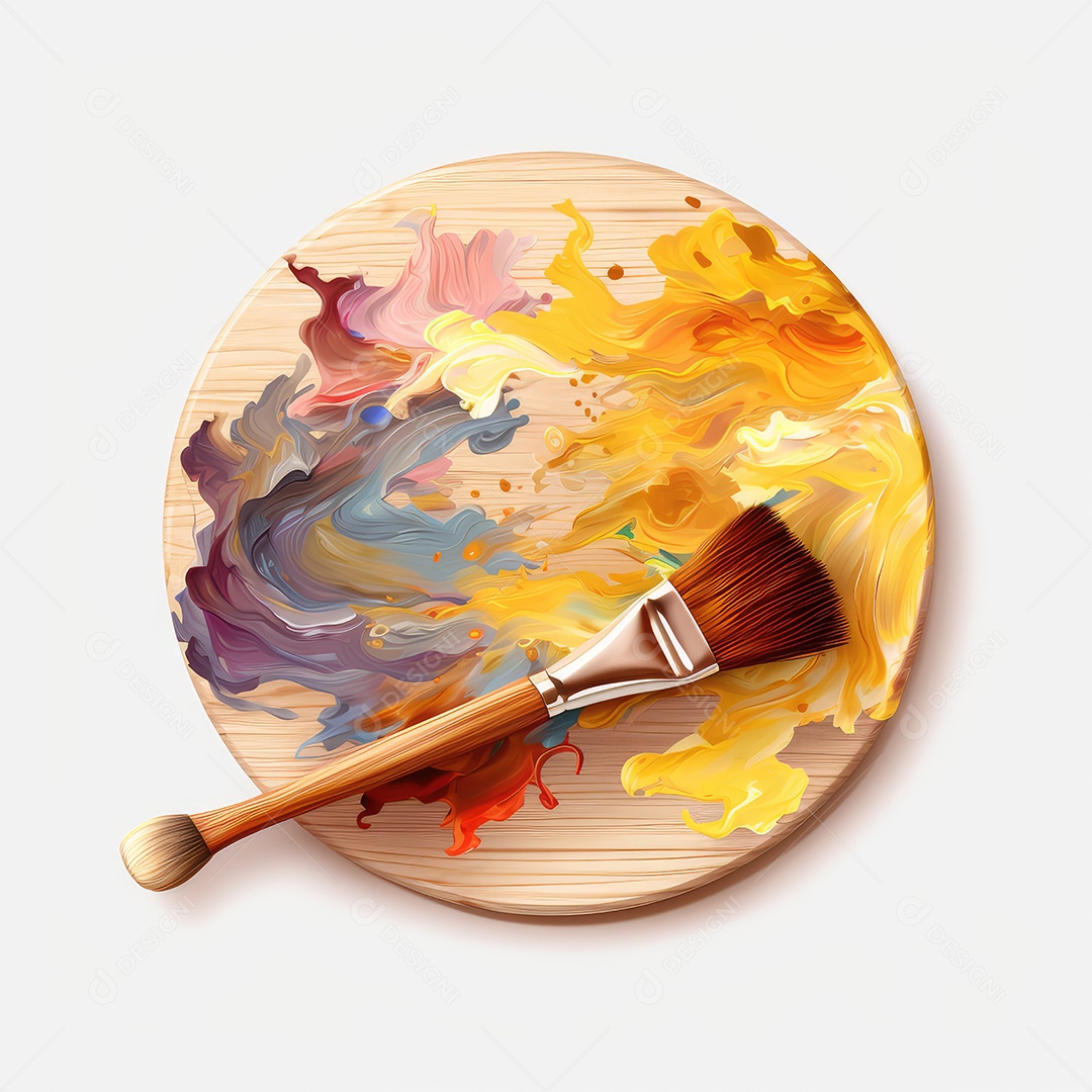 Paleta de arte em madeira com tinta e pincel