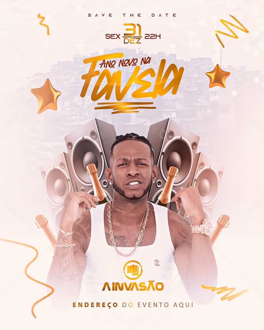 Social Media Flyer Feed Ano Novo Na Favela a Invasão PSD Editável