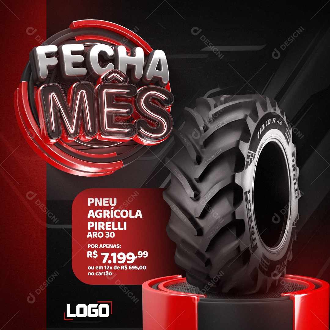 Fecha Mês Pneu Agrícola Pirelli Aro 30 Loja de Pneus Social Media PSD Editável