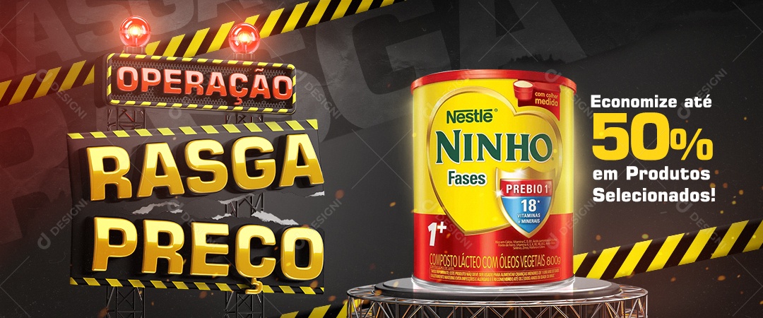 Banner Operação Rasga Preço Lata Leite Ninho Economize Até 50% em Produtos Selecionados Supermercado Social Media PSD Editável