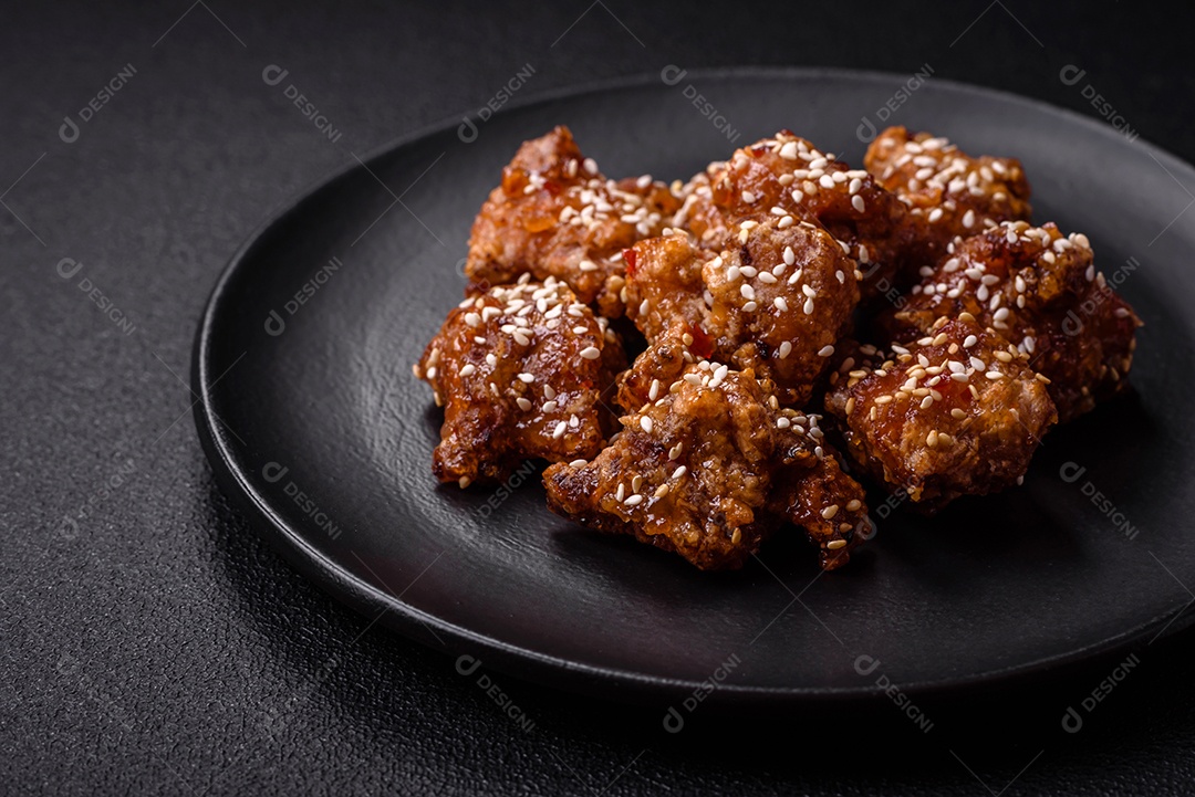 Delicioso prato asiático com pedaços de frango em molho teriyaki com sal e especiarias sobre fundo escuro de concreto