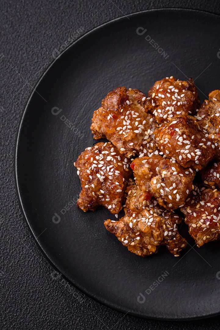 Delicioso prato asiático com pedaços de frango em molho teriyaki com sal e especiarias sobre fundo escuro de concreto