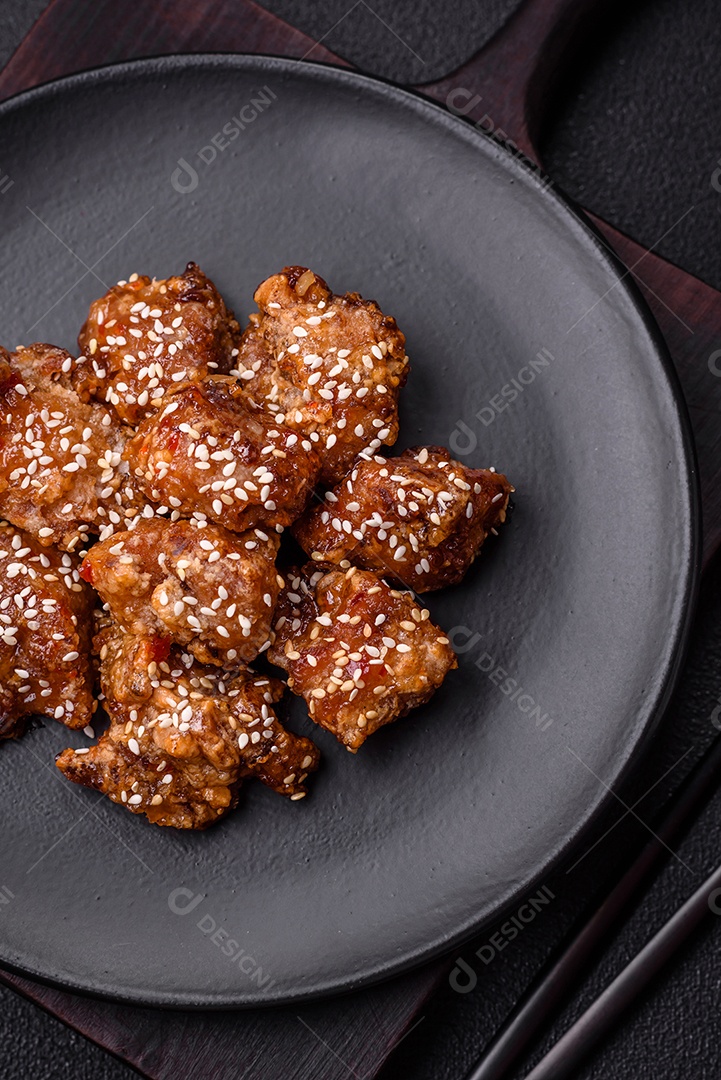 Delicioso prato asiático com pedaços de frango em molho teriyaki com sal e especiarias sobre fundo escuro de concreto