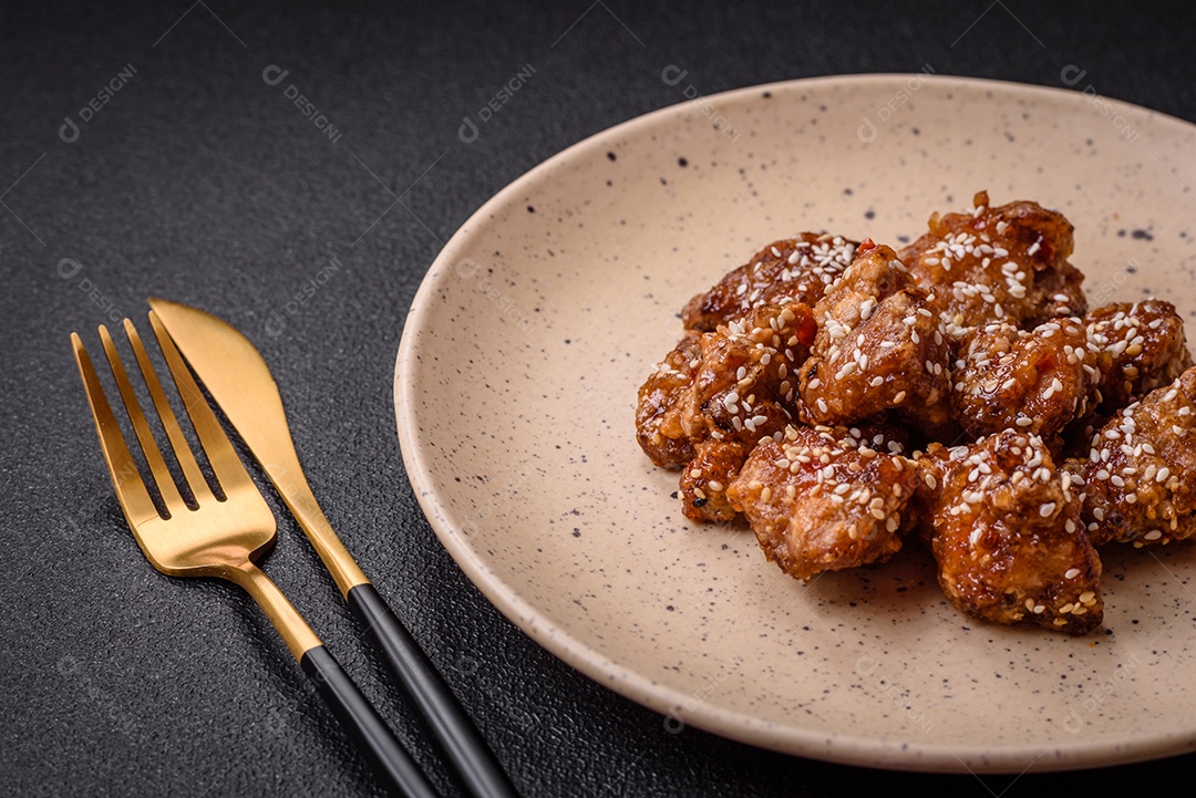 Delicioso prato asiático com pedaços de frango em molho teriyaki com sal e especiarias sobre fundo escuro de concreto