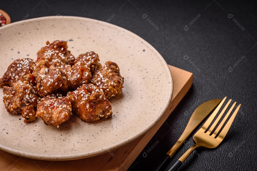 Delicioso prato asiático com pedaços de frango em molho teriyaki com sal e especiarias sobre fundo escuro de concreto