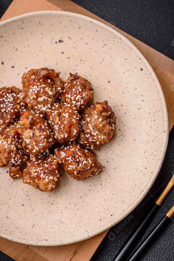 Delicioso prato asiático com pedaços de frango em molho teriyaki com sal e especiarias sobre fundo escuro de concreto