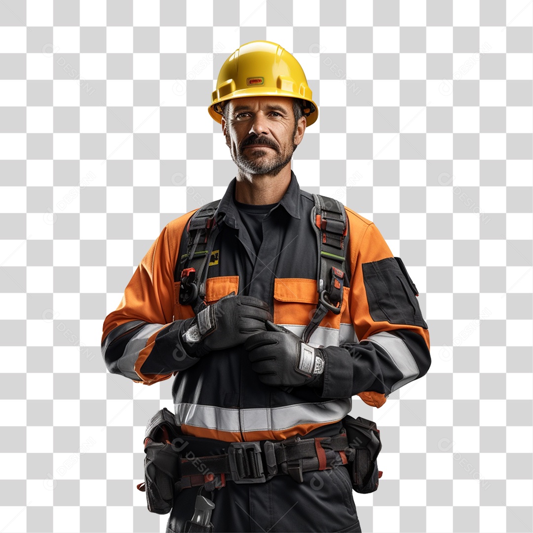 Homem com Roupa de Trabalho Capacete e Cinto de Segurança PNG Transparente