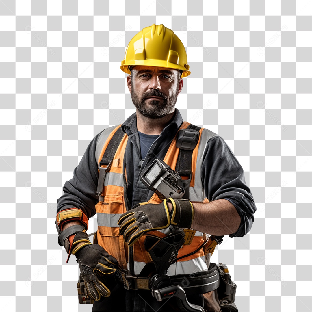 Homem com Roupa de Trabalho Capacete e Cinto de Segurança PNG Transparente