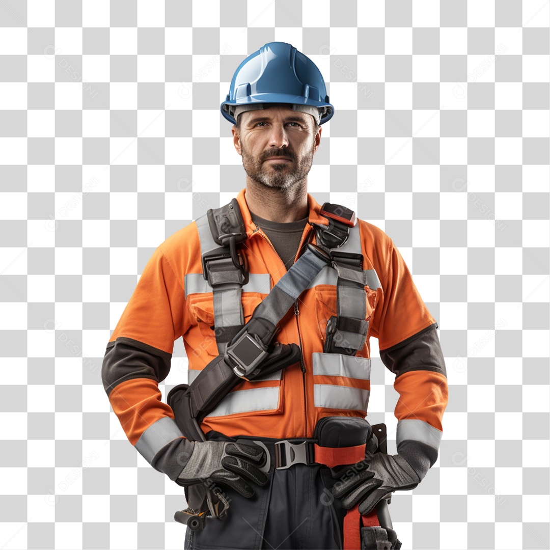 Homem com Roupa de Trabalho Capacete e Cinto de Segurança PNG Transparente