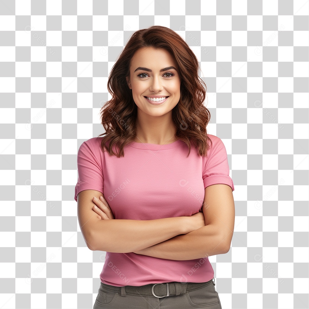 Mulher com Blusa Rosa Sorrindo PNG Transparente