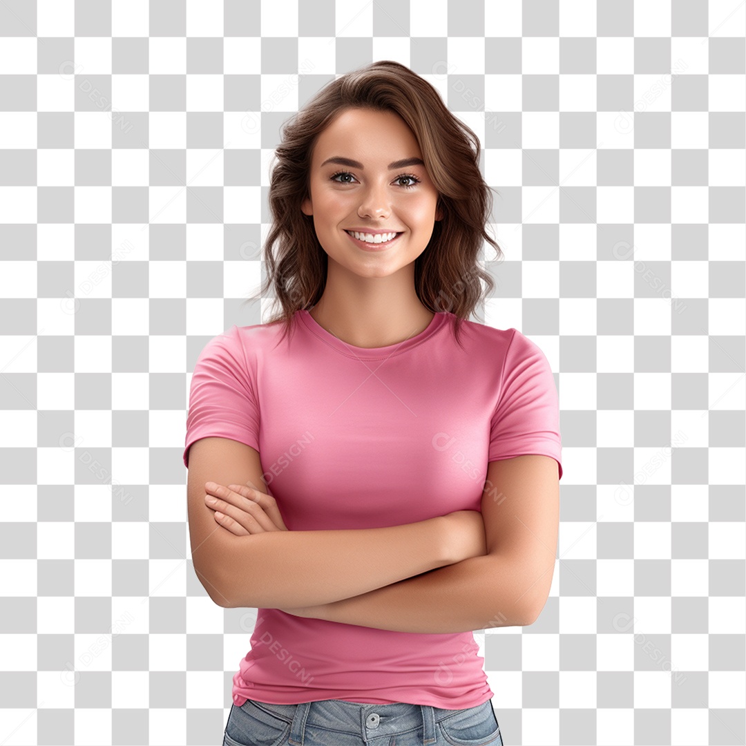 Mulher com Blusa Rosa Sorrindo PNG Transparente