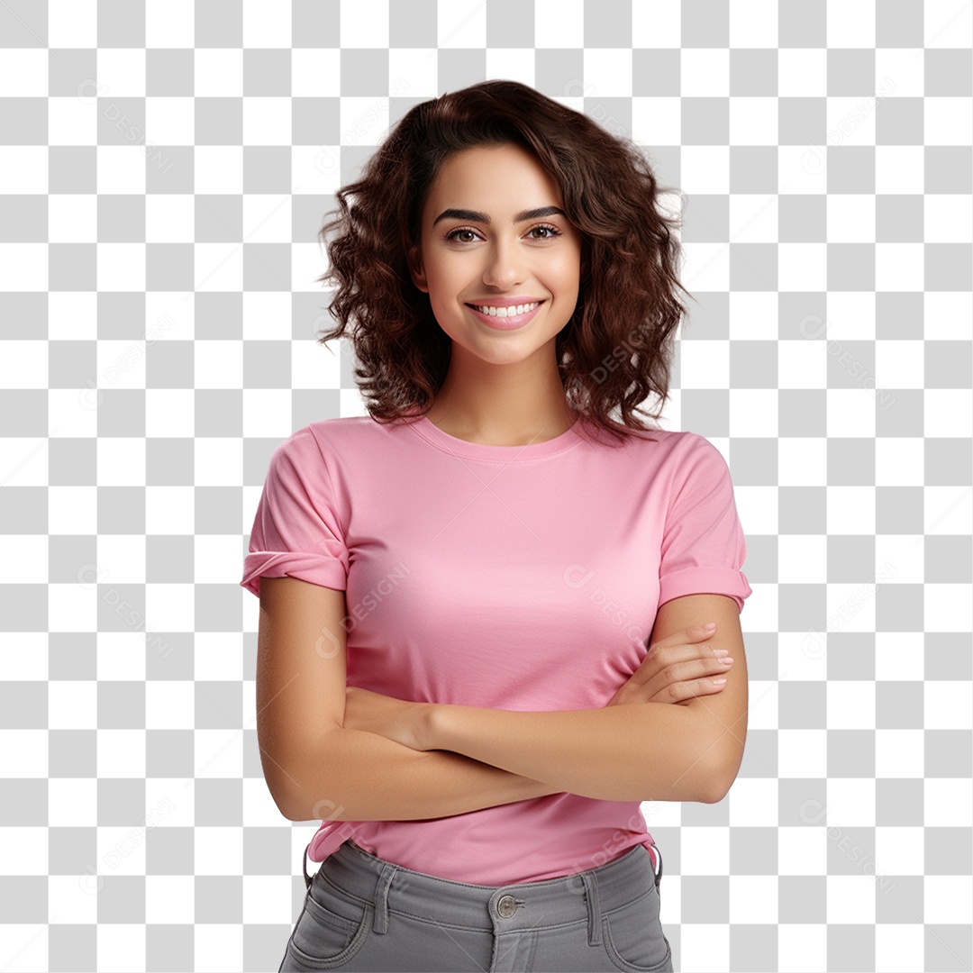 Mulher com Blusa Rosa Sorrindo PNG Transparente