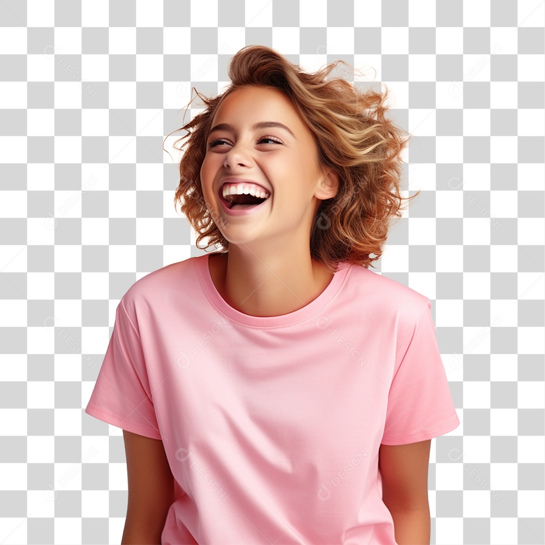Mulher com Blusa Rosa Sorrindo PNG Transparente