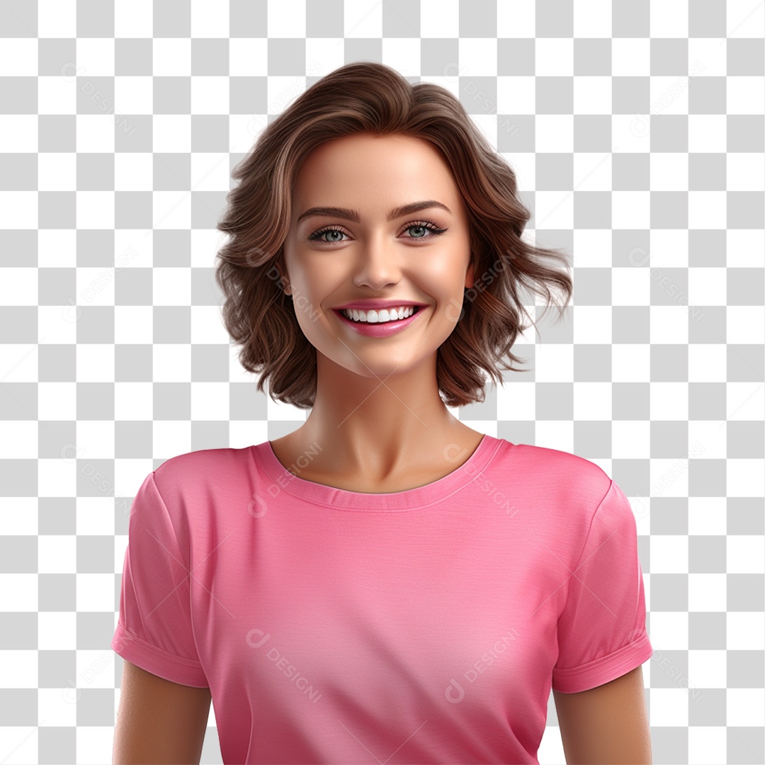 Mulher com Blusa Rosa Sorrindo PNG Transparente
