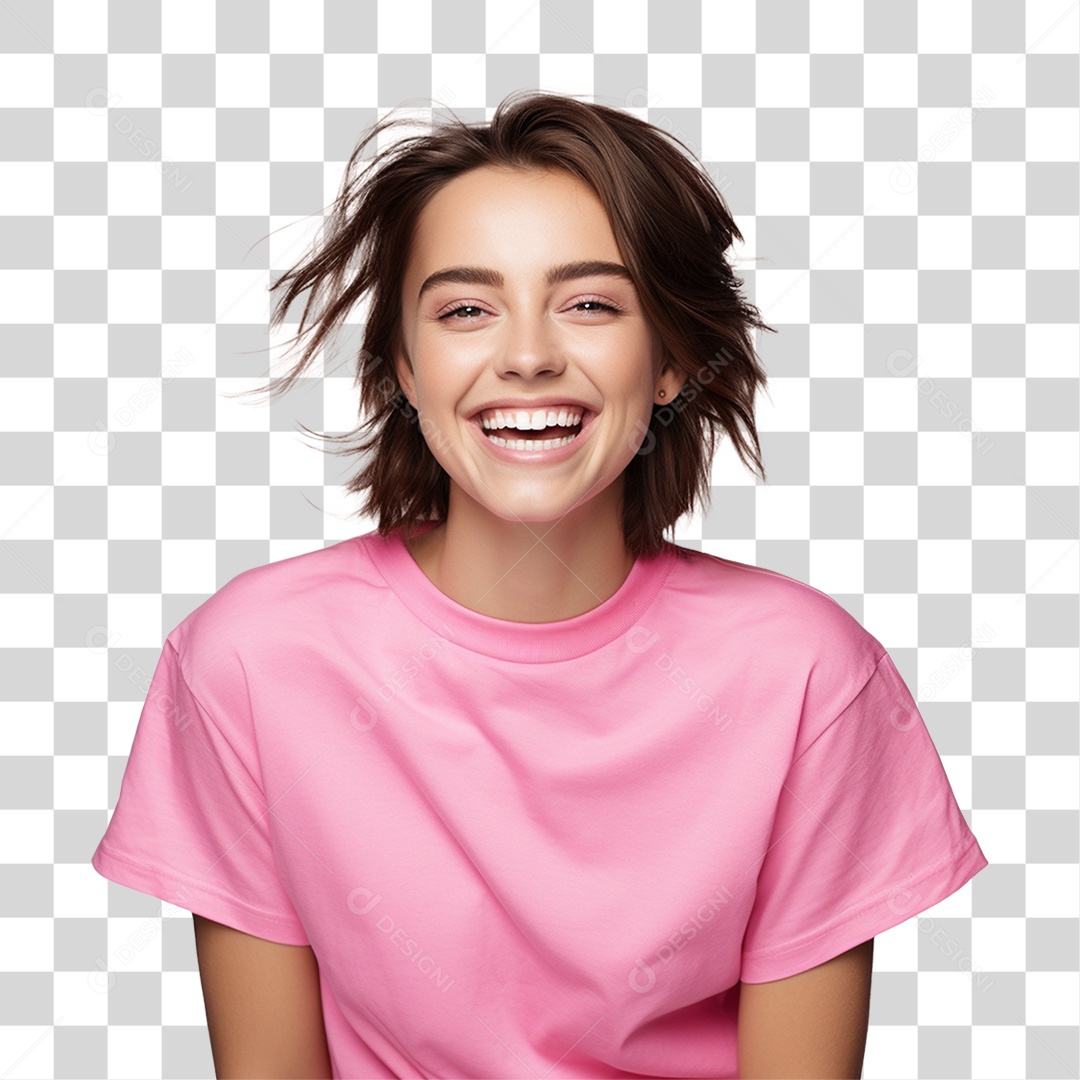Mulher com Blusa Rosa Sorrindo PNG Transparente