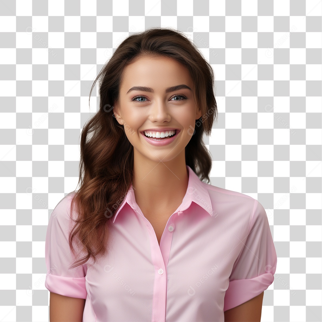 Mulher com Blusa Rosa Sorrindo PNG Transparente