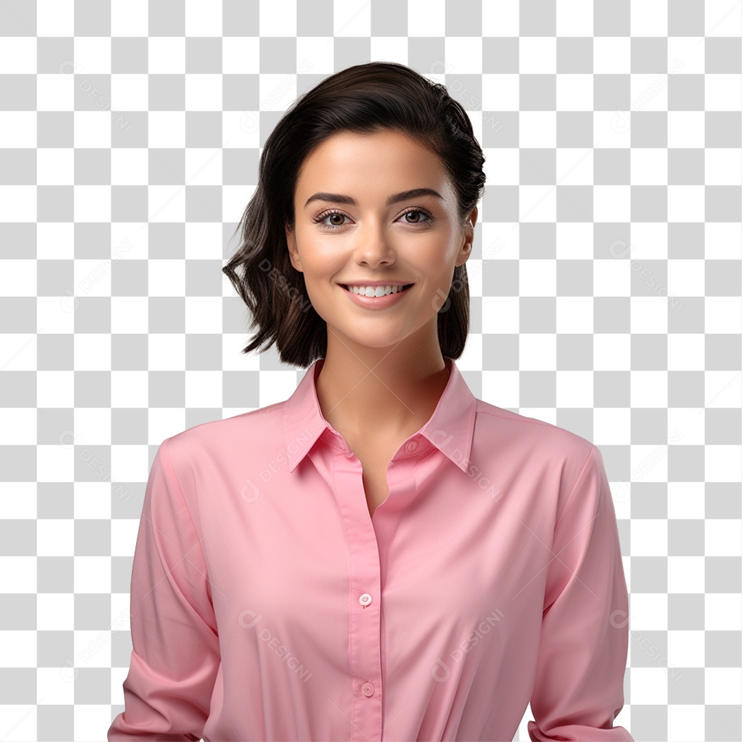 Mulher com Blusa Rosa Sorrindo PNG Transparente