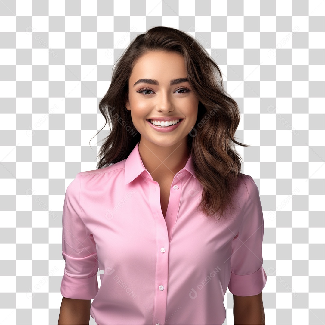 Mulher com Blusa Rosa Sorrindo PNG Transparente